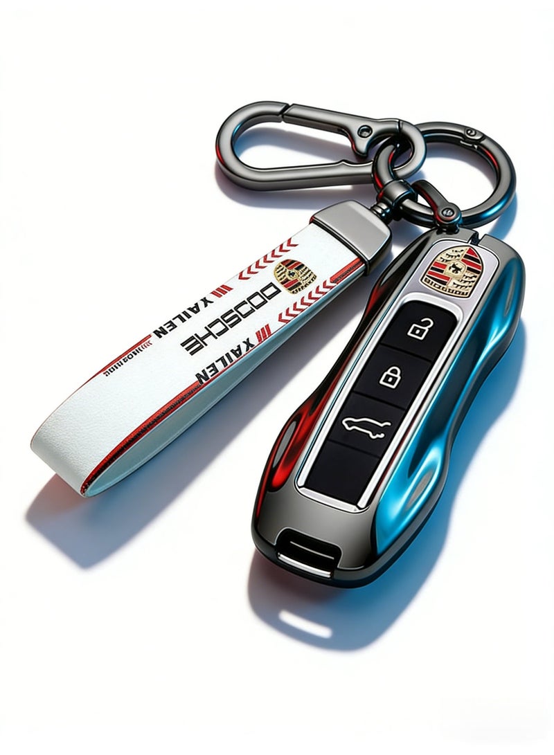 ماك جاباجز Suitable for Porsche Racing Style Metal Key Fob Case with Matching Keychain – White & Red (Please purchase according to your own key style) - Image 2
